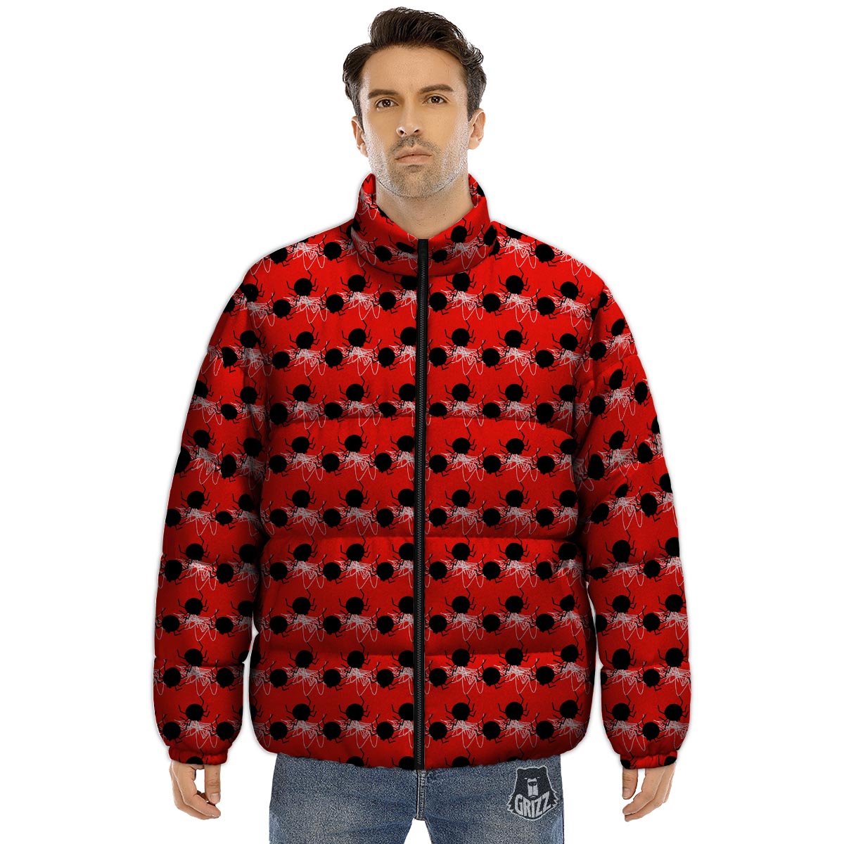 Spider Web White And Red Print Pattern Puffer Jacket-grizzshop