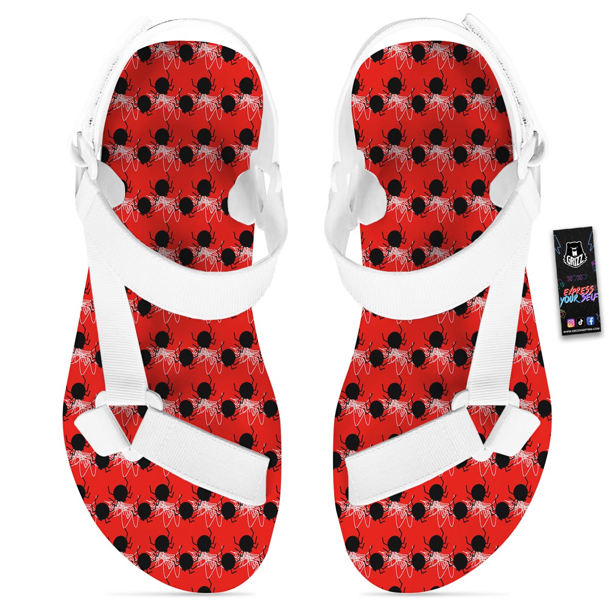 Spider Web White And Red Print Pattern White Open Toe Sandals-grizzshop