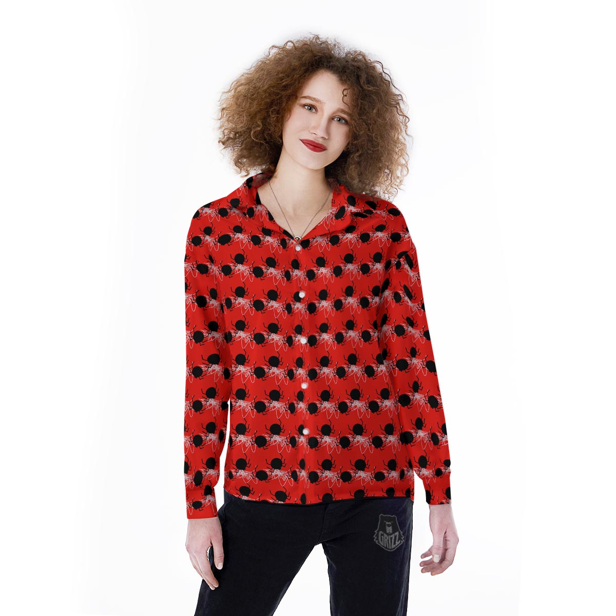 Spider Web White And Red Print Pattern Women's Long Sleeve Shirts-grizzshop