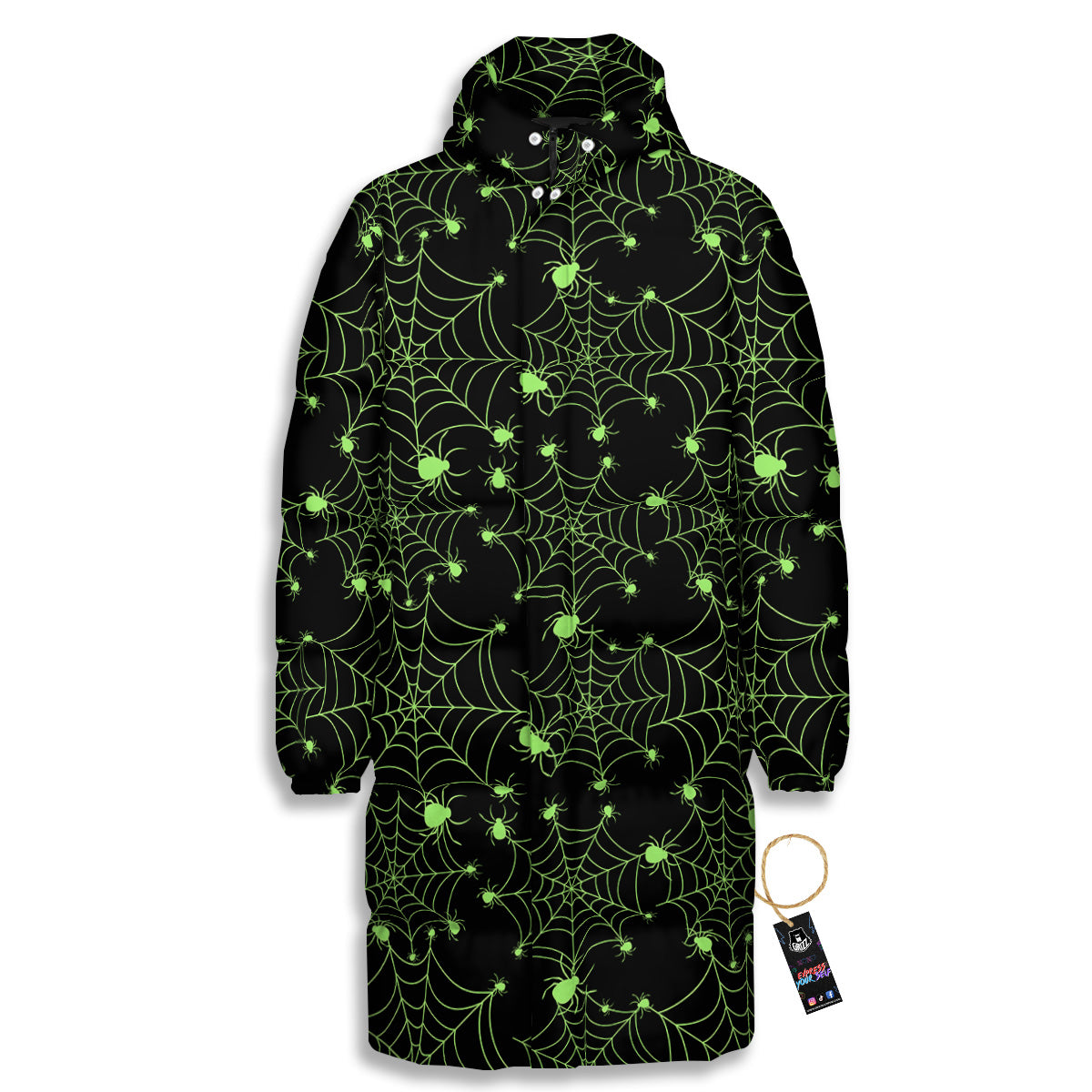 Spider Black And Green Neon Spider Web Print Pattern Long Down Jacket
