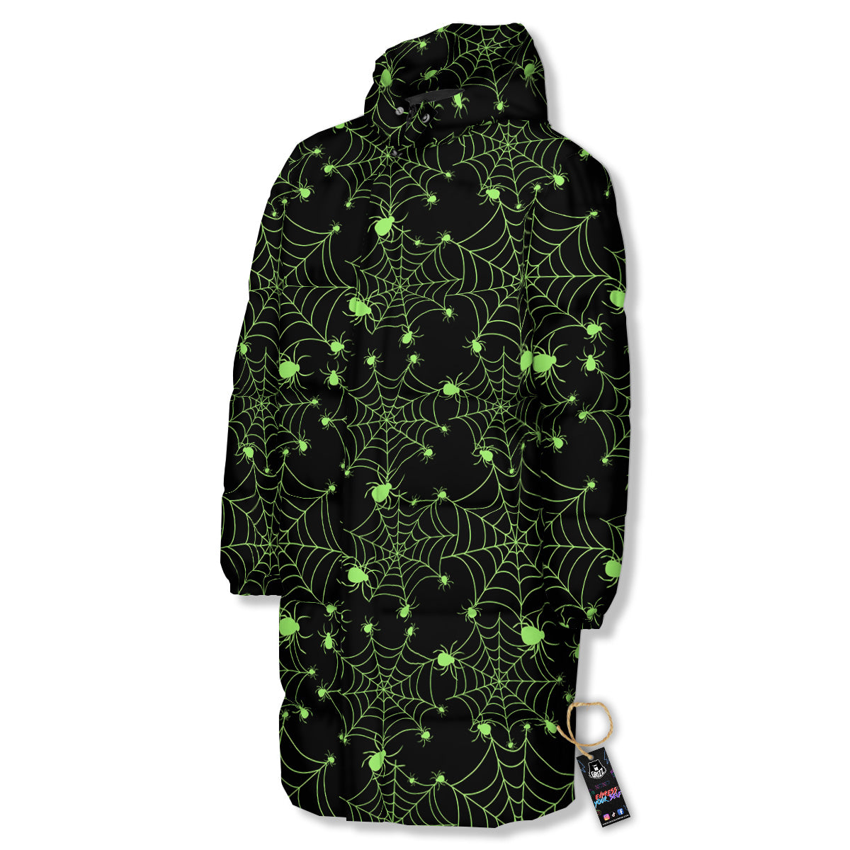 Spider Black And Green Neon Spider Web Print Pattern Long Down Jacket