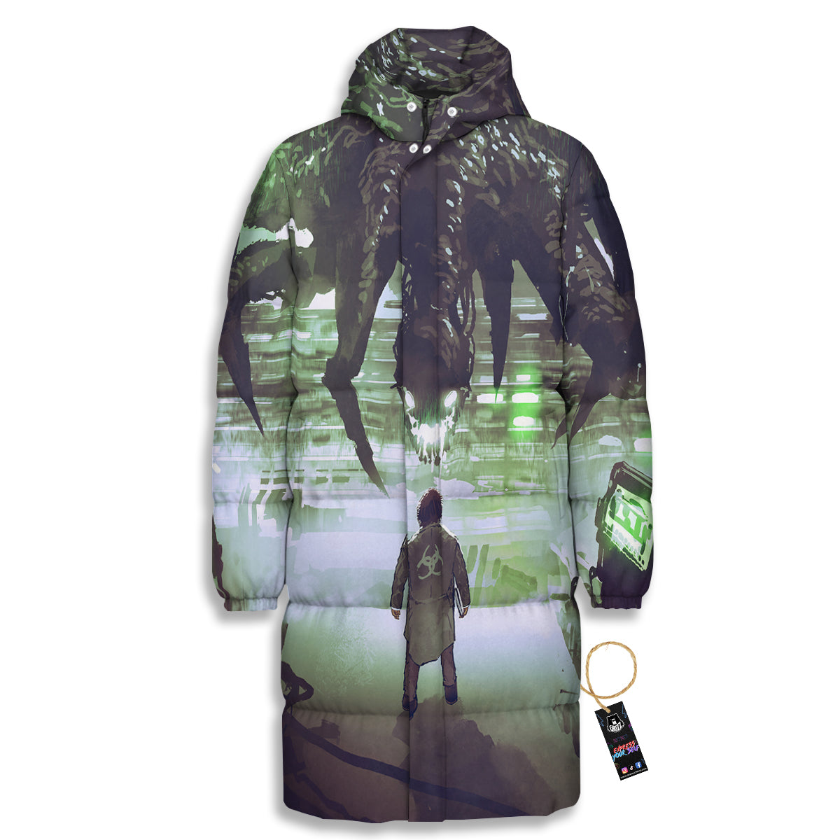 Spider Monster Print Long Down Jacket