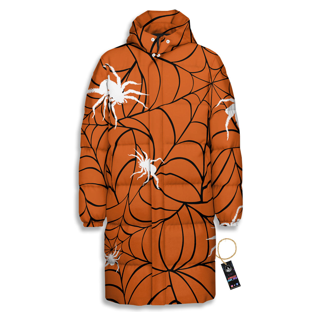 Spider Web Orange And Black Print Long Down Jacket