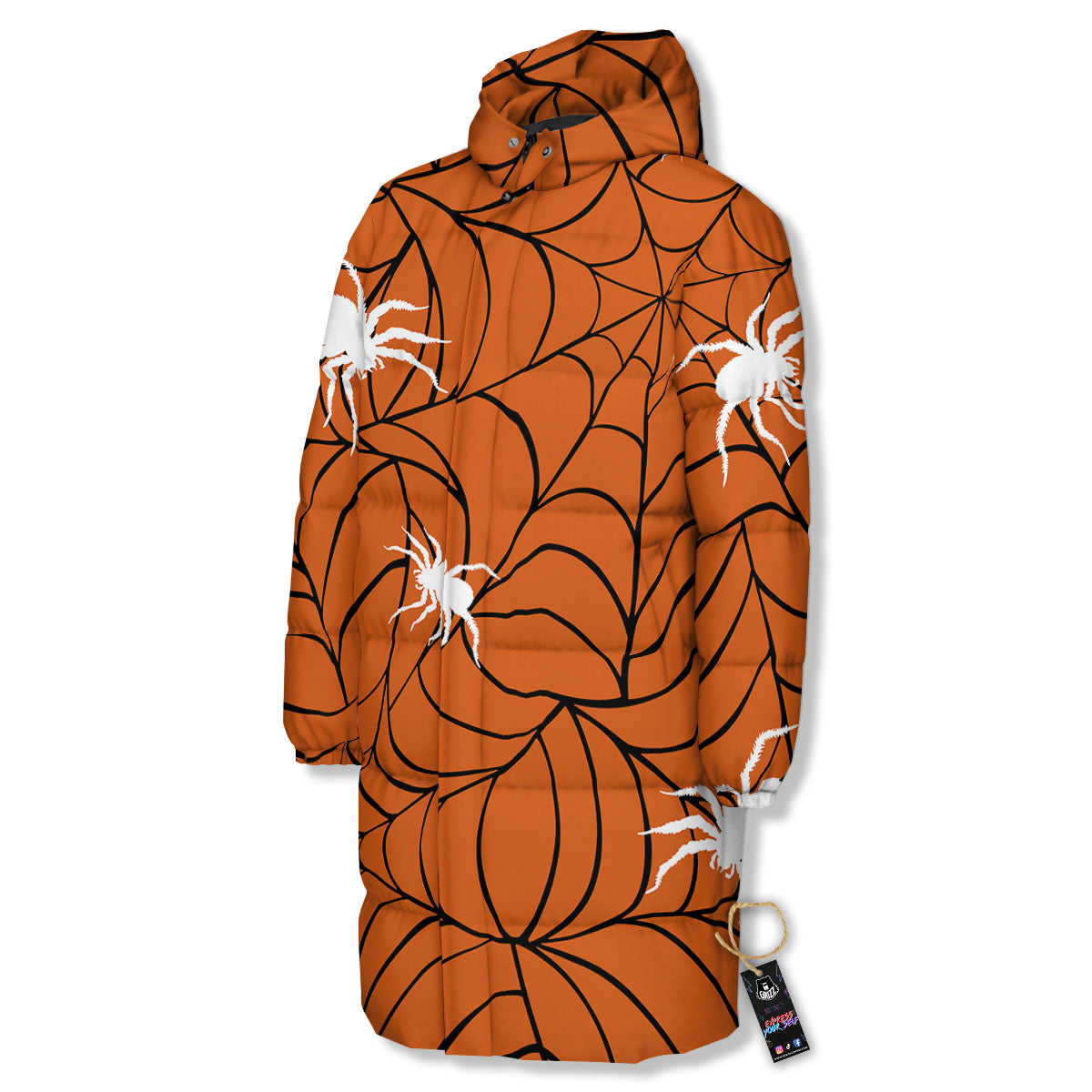 Spider Web Orange And Black Print Long Down Jacket