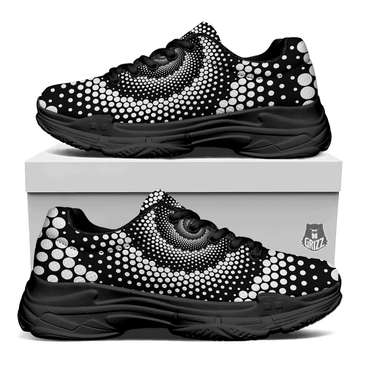 Spiral Dot White And Black Print Black Chunky Shoes-grizzshop