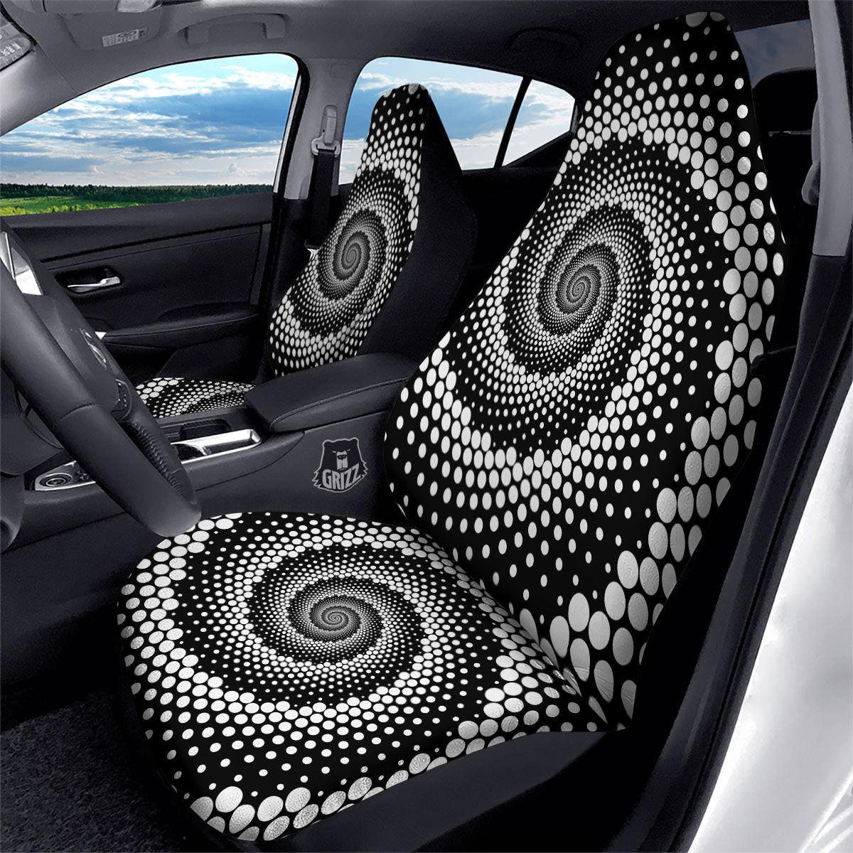 Spiral Dot White And Black Print Car Seat Covers-grizzshop