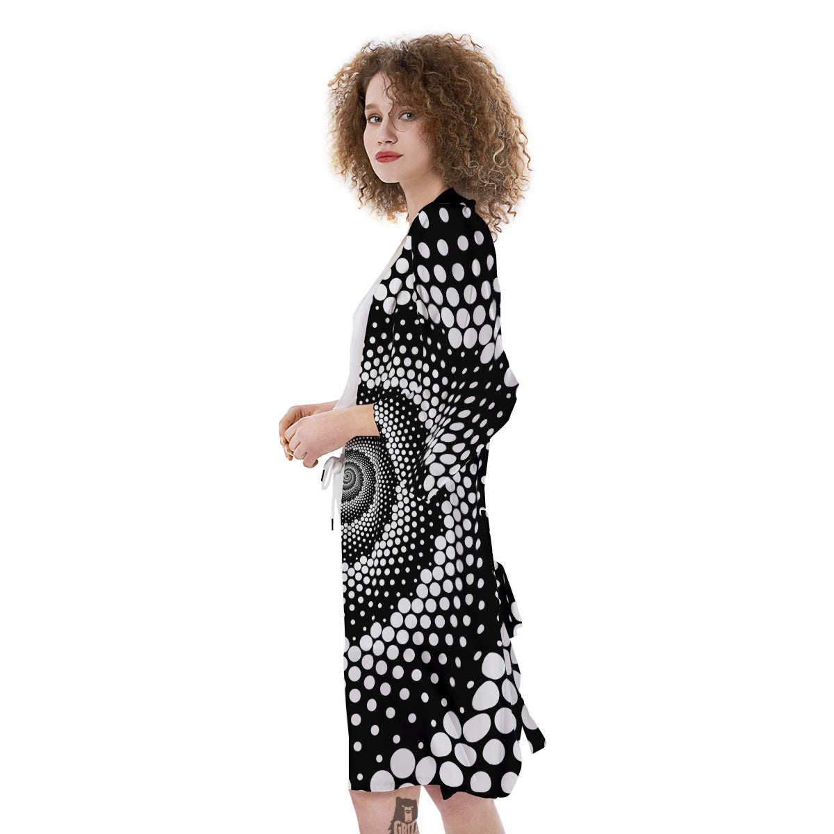 Spiral Dot White And Black Print Kimono-grizzshop
