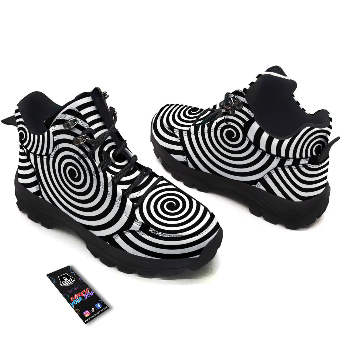 Spiral Illusion White And Black Print Hiking Shoes-grizzshop