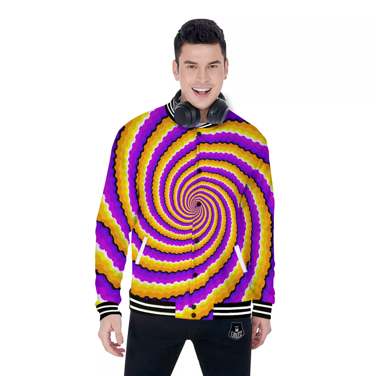 Spiral Illusion Yellow And Purple Print Baseball Jacket-grizzshop