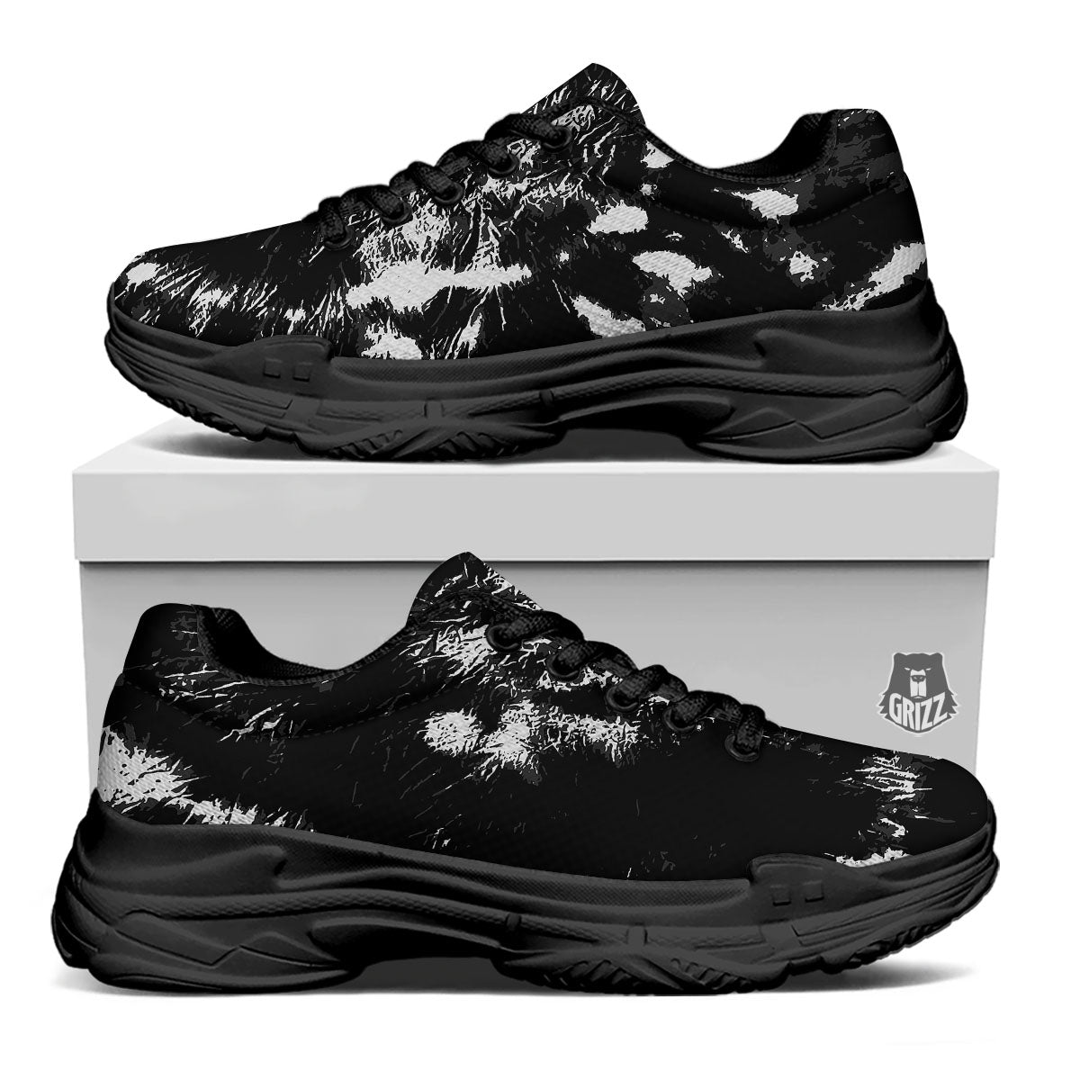 Spiral Tie Dye Black Backed Print Black Chunky Shoes-grizzshop