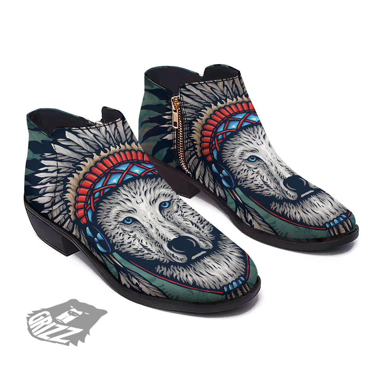 Spirit Animal Native American Wolf Print Ankle Boots-grizzshop