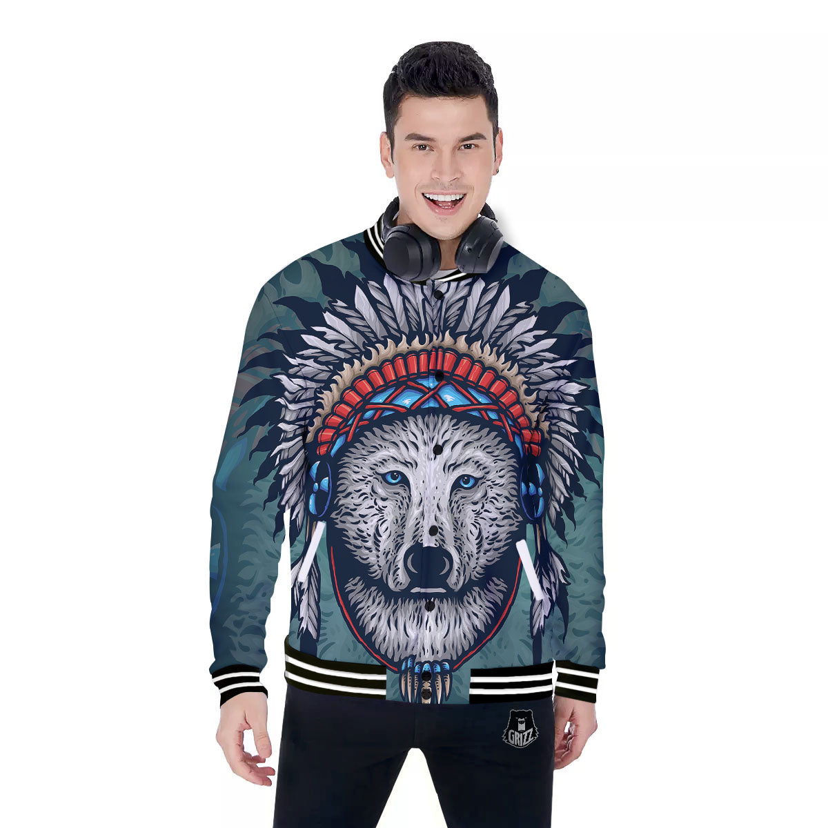 Spirit Animal Native American Wolf Print Baseball Jacket-grizzshop