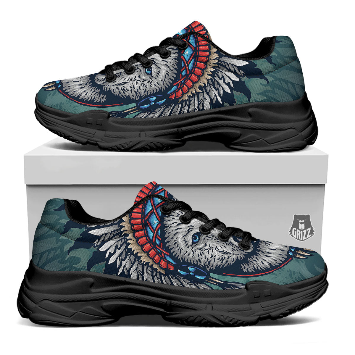 Spirit Animal Native American Wolf Print Black Chunky Shoes-grizzshop