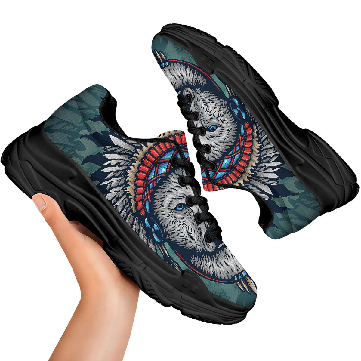 Spirit Animal Native American Wolf Print Black Chunky Shoes-grizzshop