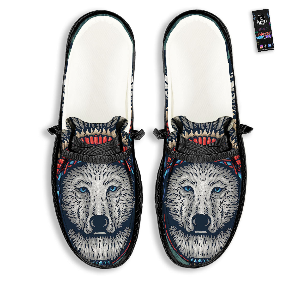 Spirit Animal Native American Wolf Print Black Loafers-grizzshop