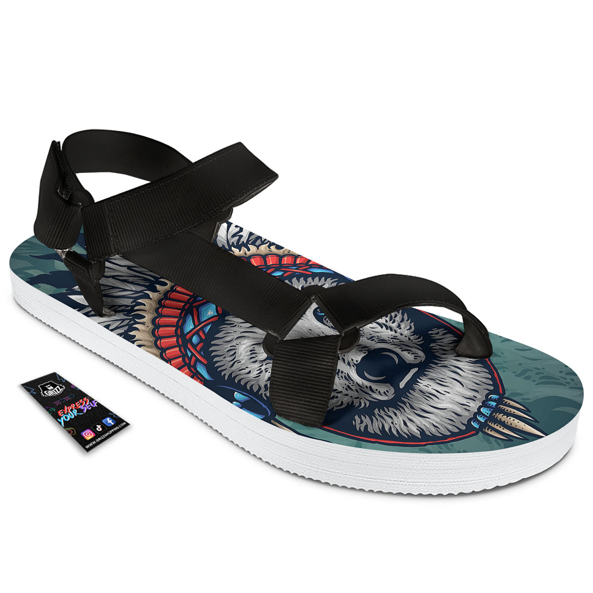 Spirit Animal Native American Wolf Print Black Open Toe Sandals-grizzshop