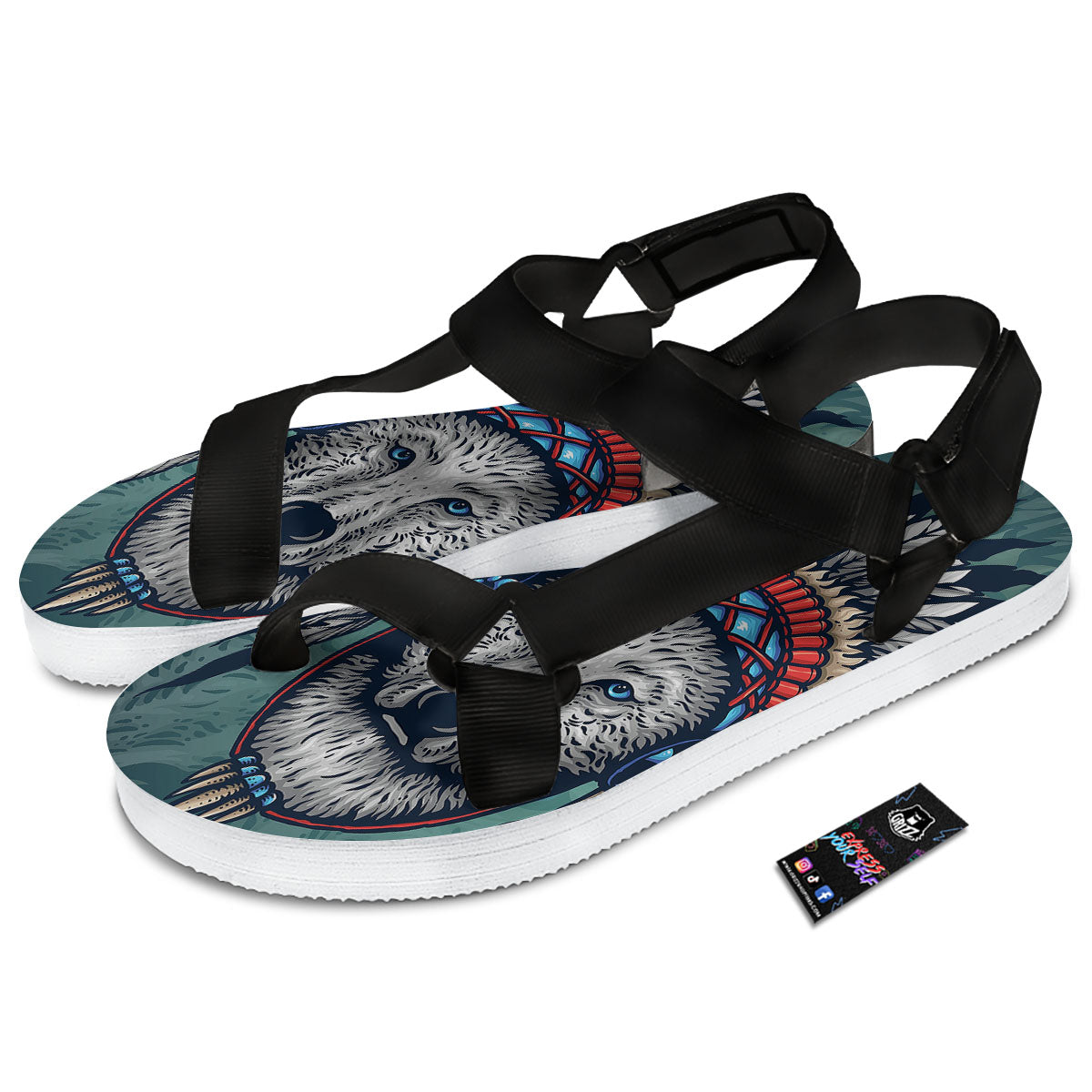 Spirit Animal Native American Wolf Print Black Open Toe Sandals-grizzshop
