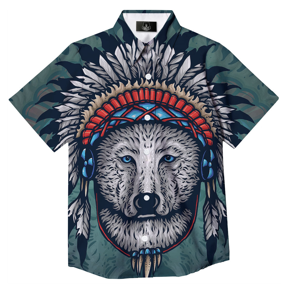 Spirit Animal Native American Wolf Print Button Up Shirt-grizzshop