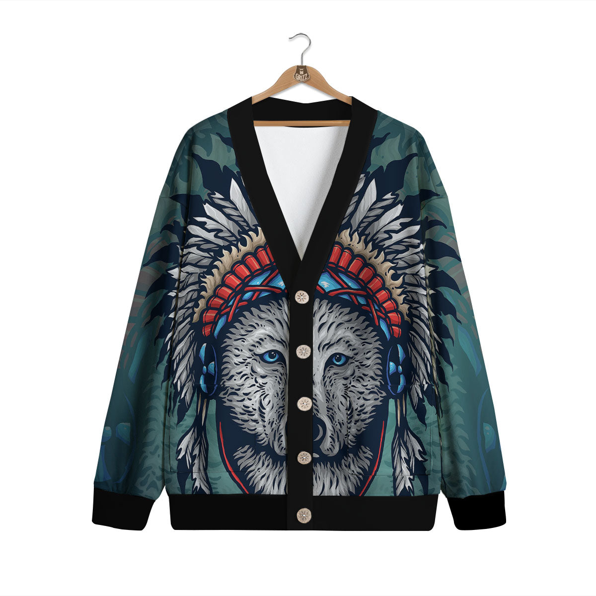 Spirit Animal Native American Wolf Print Cardigan-grizzshop