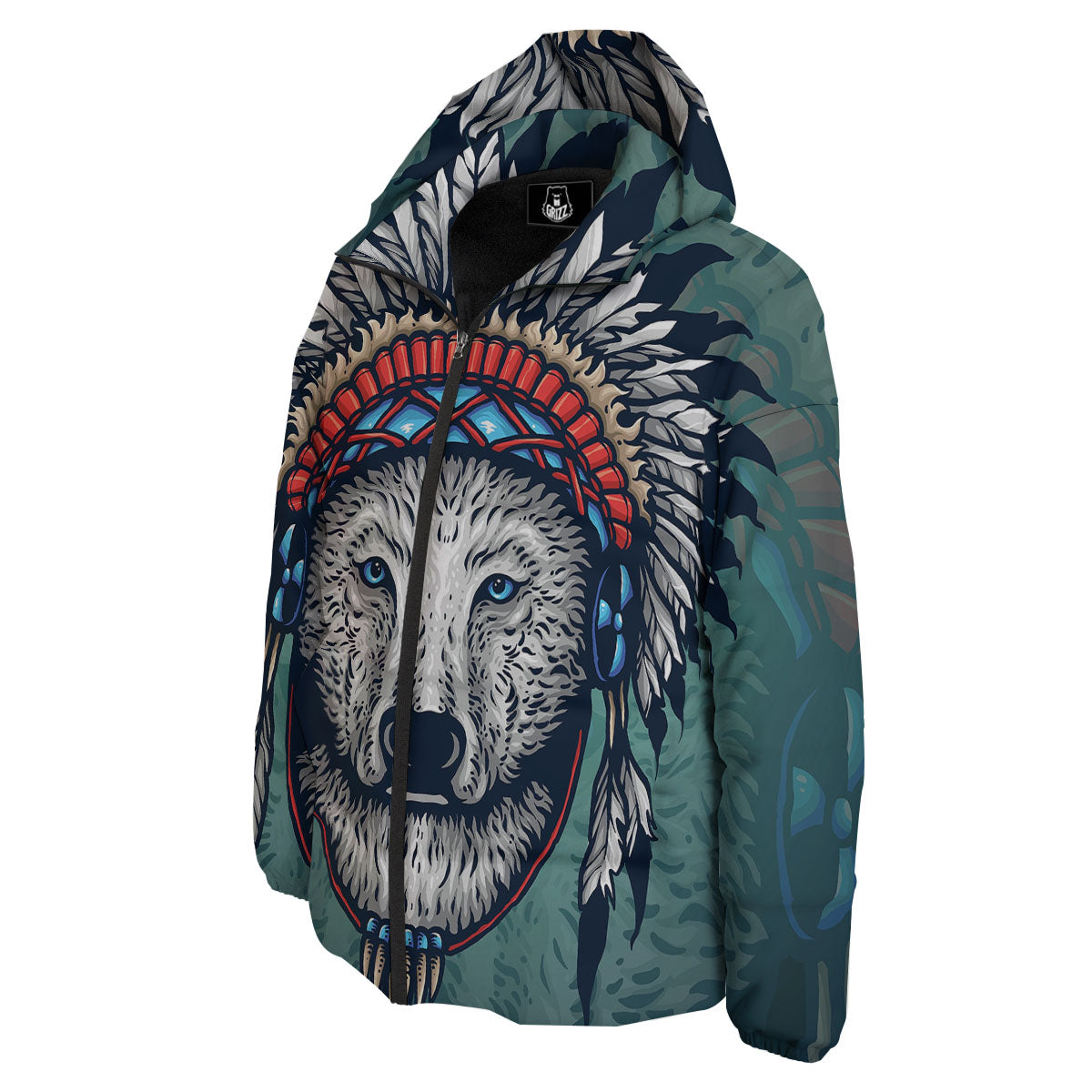 Spirit Animal Native American Wolf Print Down Jacket-grizzshop