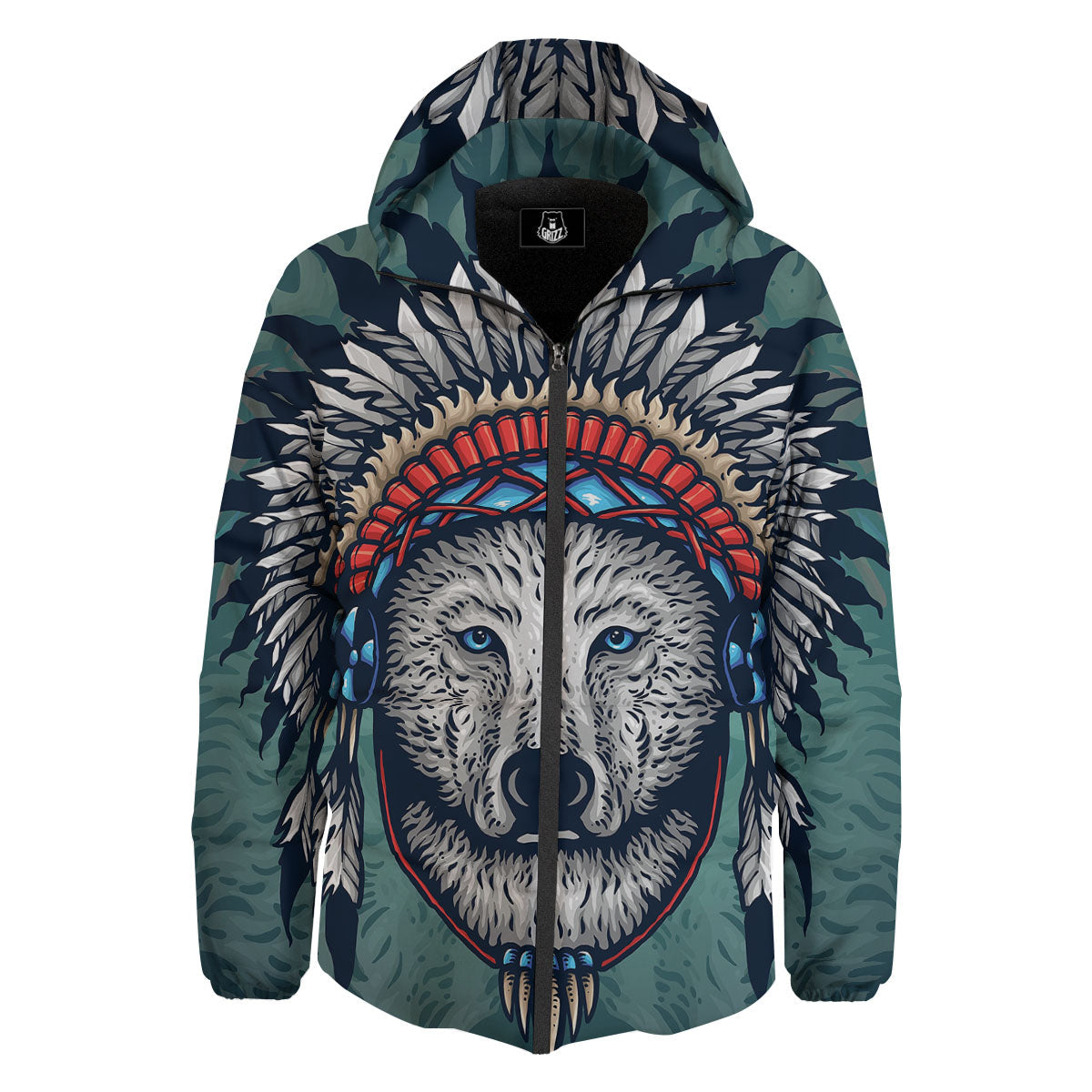 Spirit Animal Native American Wolf Print Down Jacket-grizzshop