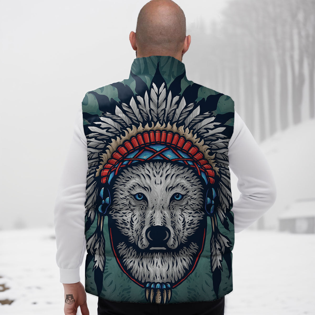 Spirit Animal Native American Wolf Print Down Vest