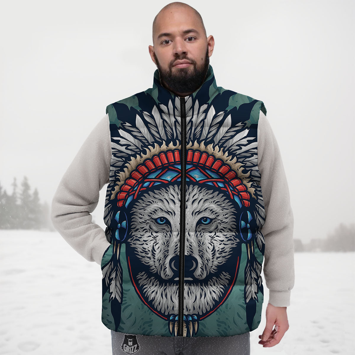 Spirit Animal Native American Wolf Print Down Vest