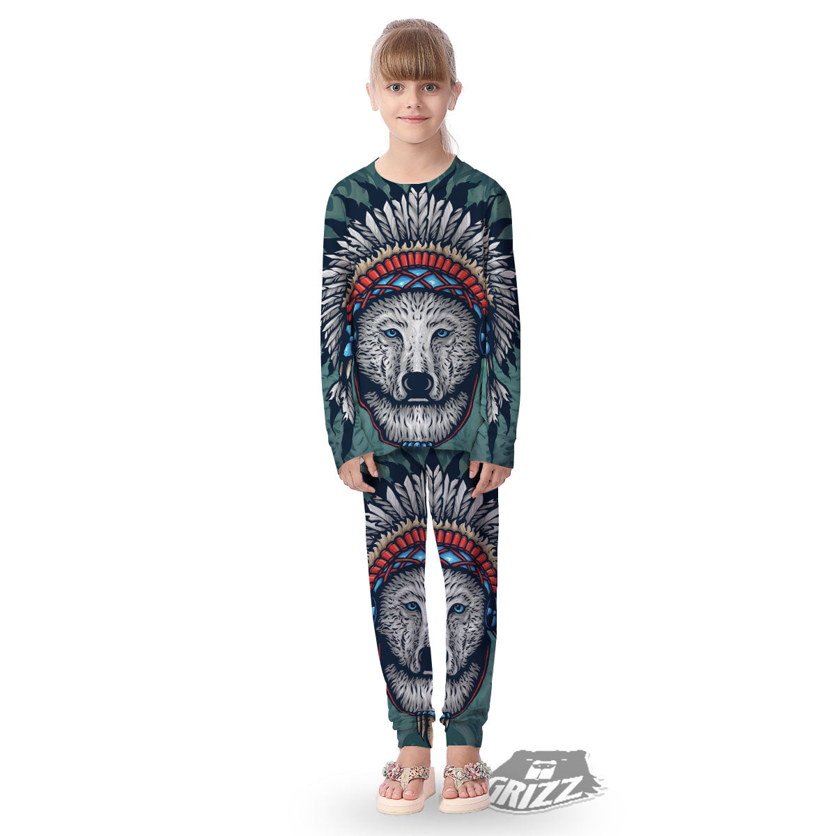 Spirit Animal Native American Wolf Print Kid's Pajamas-grizzshop