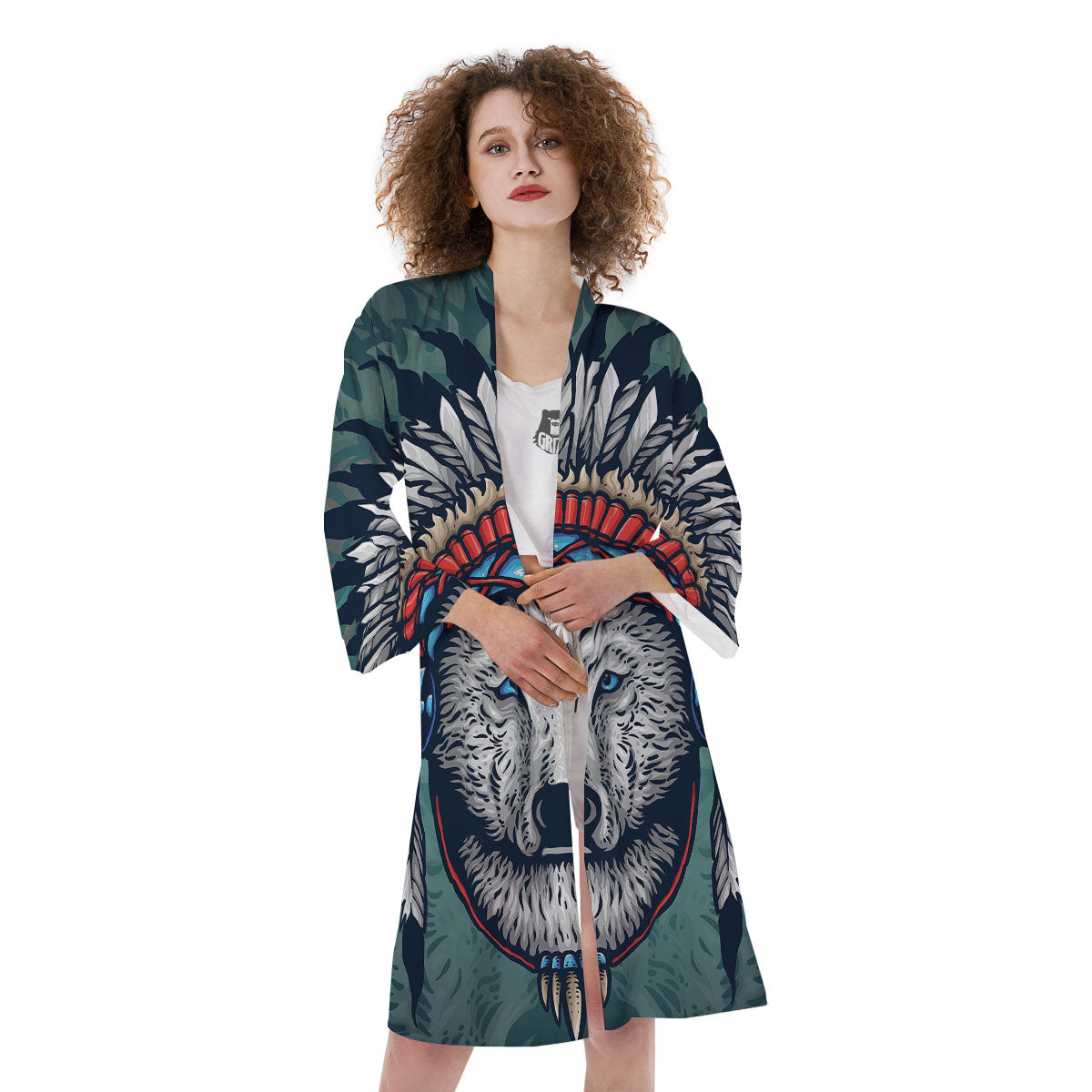 Spirit Animal Native American Wolf Print Kimono-grizzshop