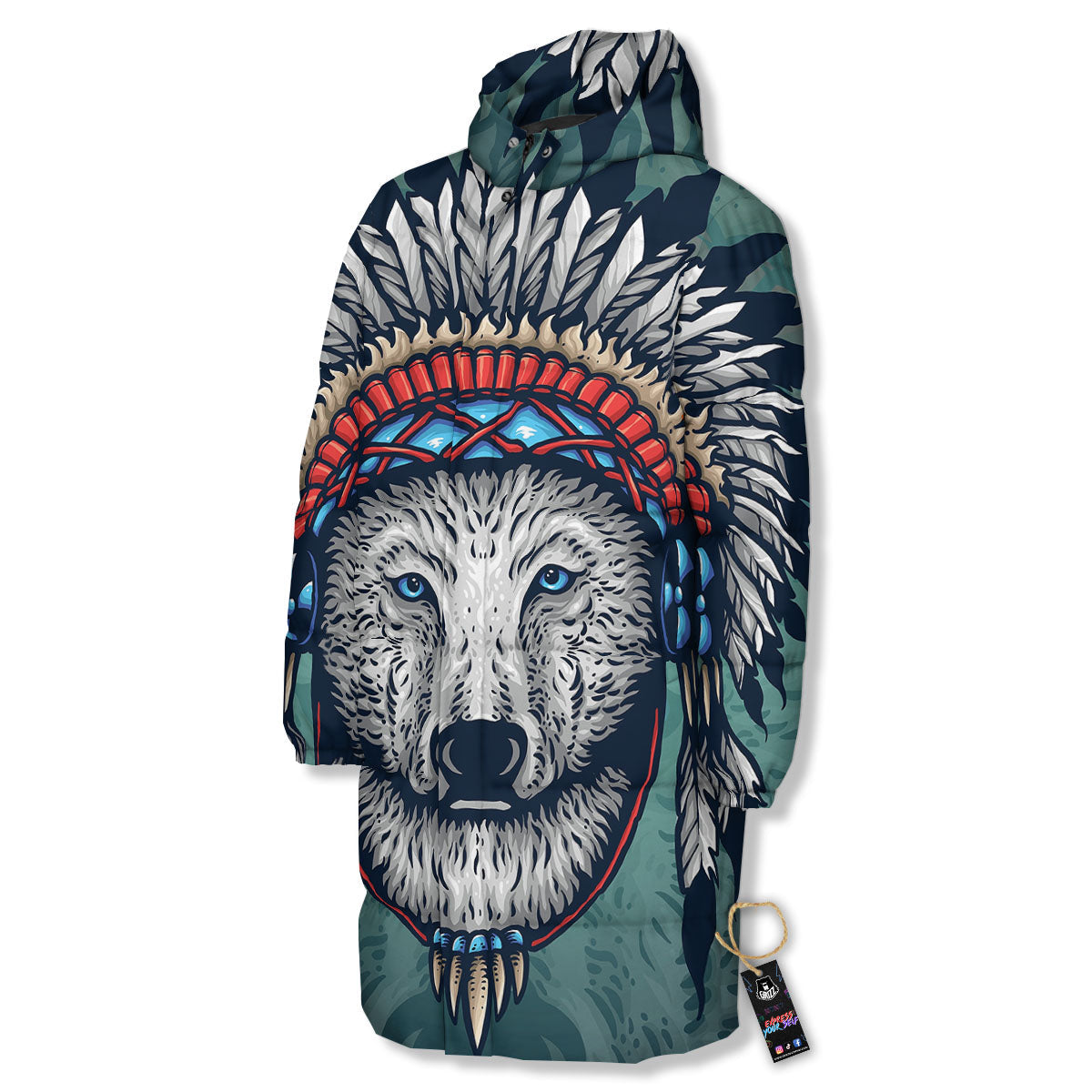 Spirit Animal Native American Wolf Print Long Down Jacket-grizzshop