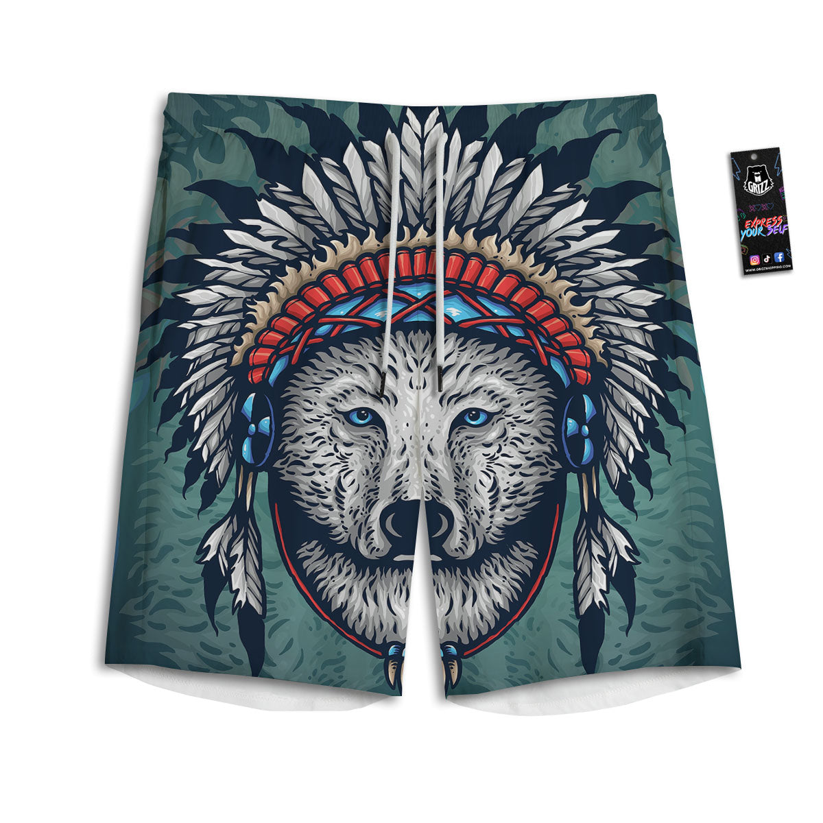 Spirit Animal Native American Wolf Print Men's Athletic Shorts