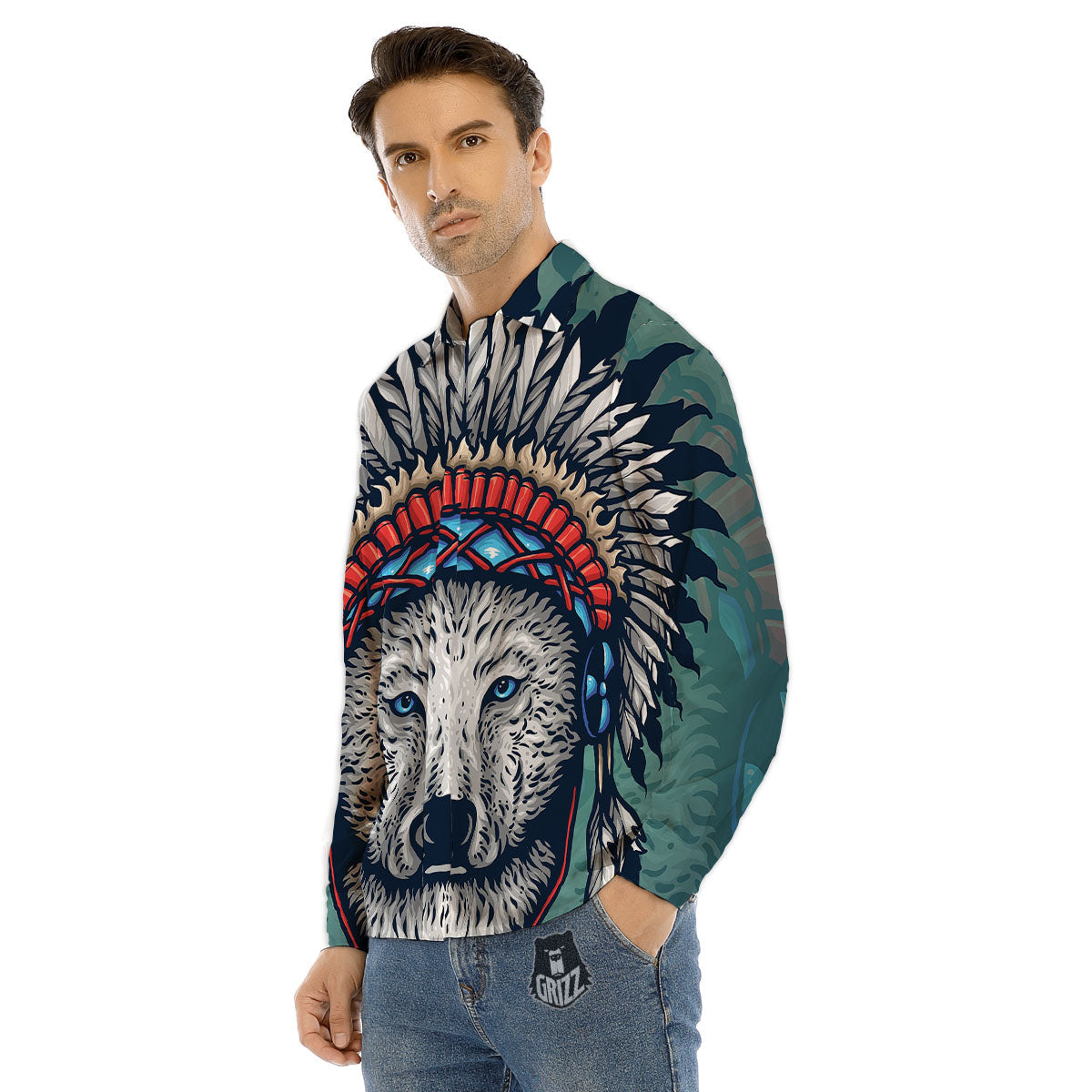 Spirit Animal Native American Wolf Print Men's Dress Shirts-grizzshop