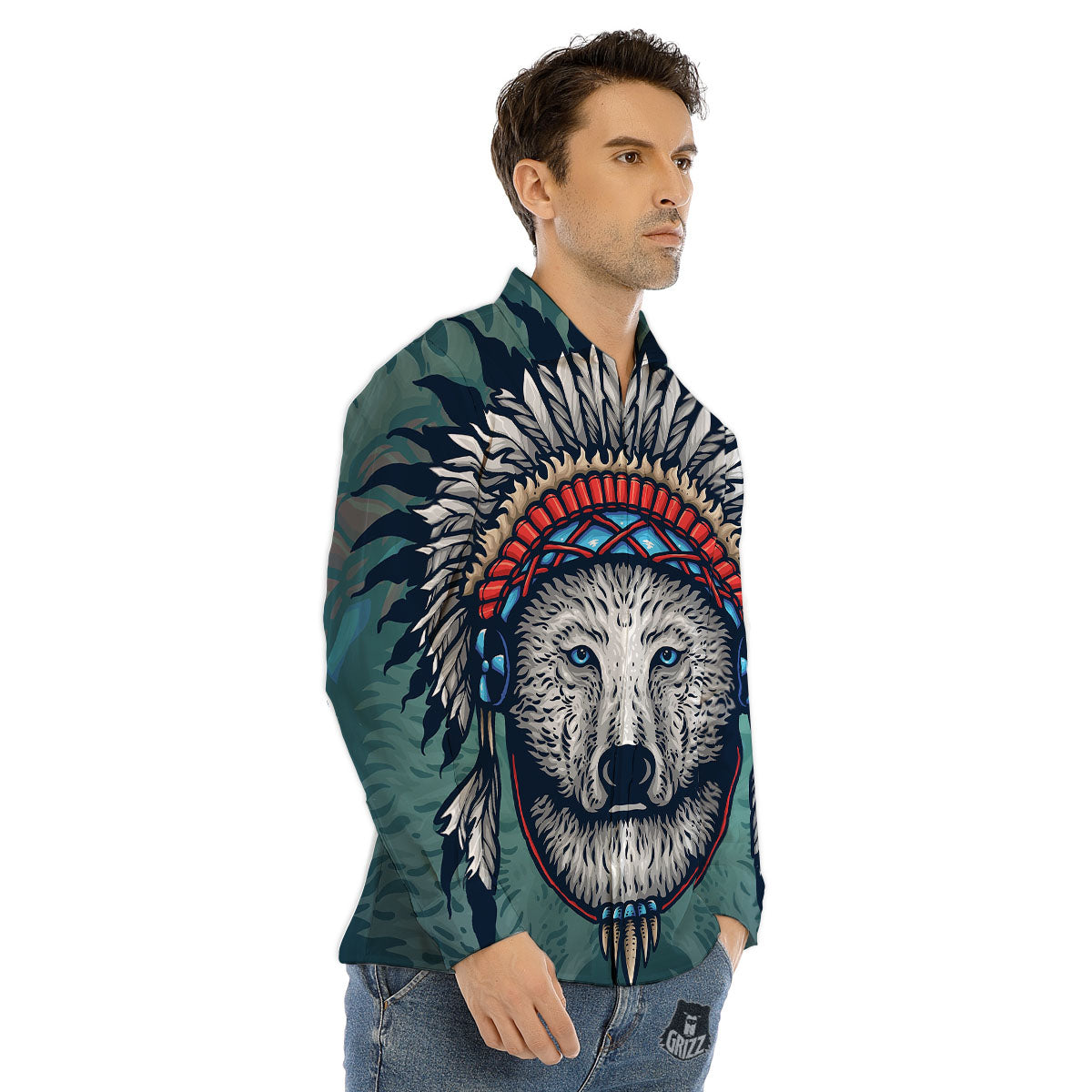 Spirit Animal Native American Wolf Print Men's Dress Shirts-grizzshop