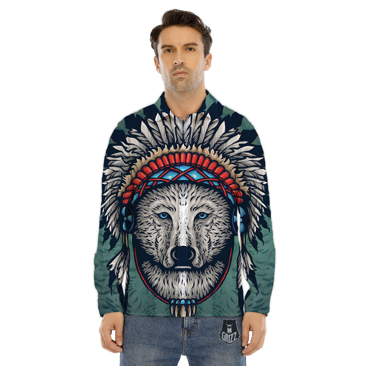 Spirit Animal Native American Wolf Print Men's Dress Shirts-grizzshop
