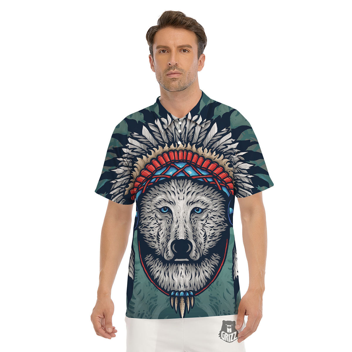 Spirit Animal Native American Wolf Print Men's Golf Shirts-grizzshop