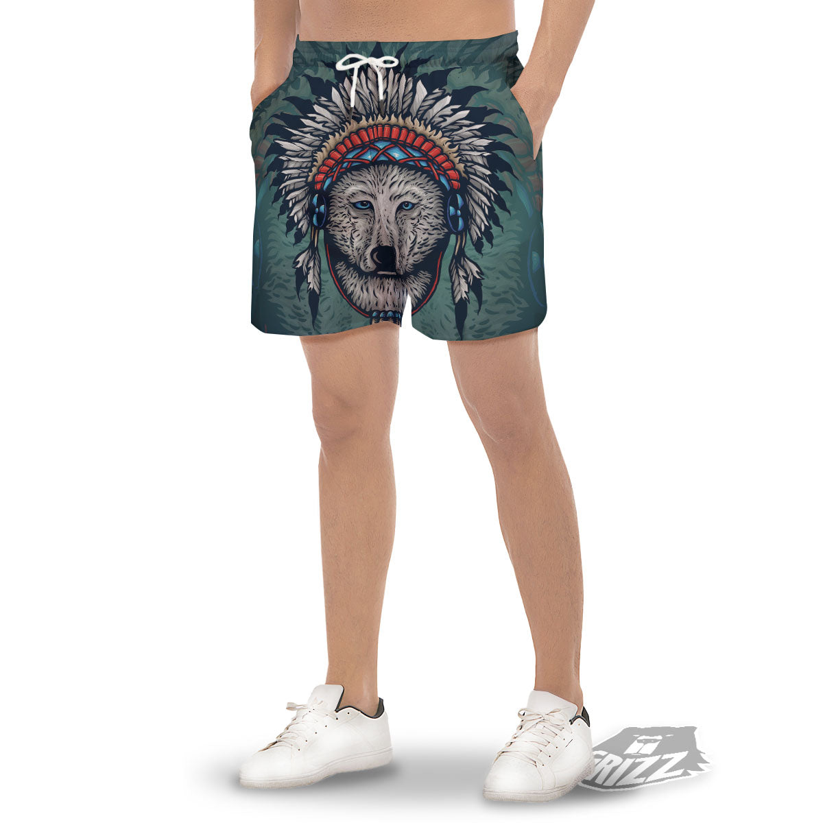 Spirit Animal Native American Wolf Print Men's Gym Shorts-grizzshop
