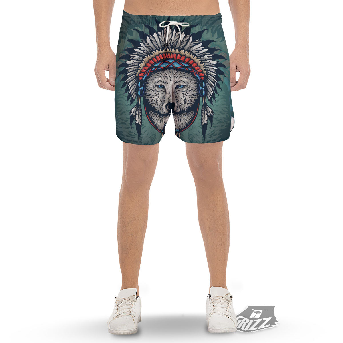 Spirit Animal Native American Wolf Print Men's Gym Shorts-grizzshop