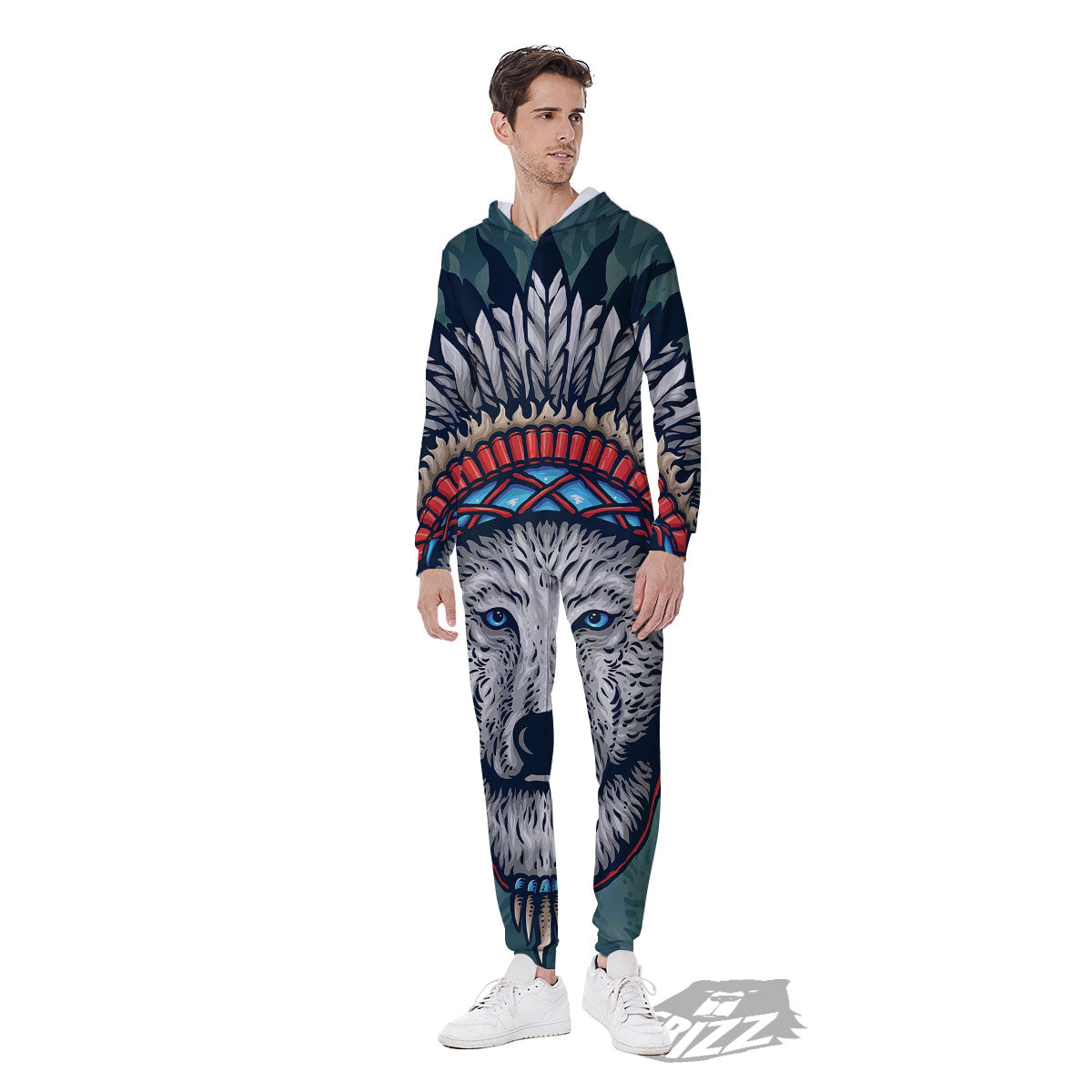 Spirit Animal Native American Wolf Print Men's Jumpsuit-grizzshop