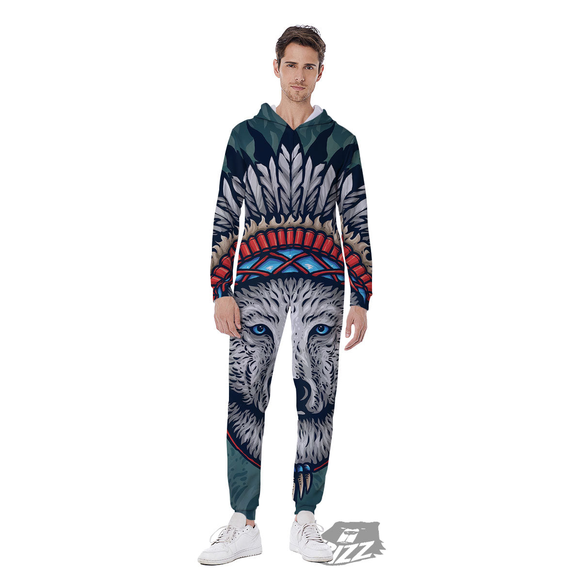 Spirit Animal Native American Wolf Print Men's Jumpsuit-grizzshop