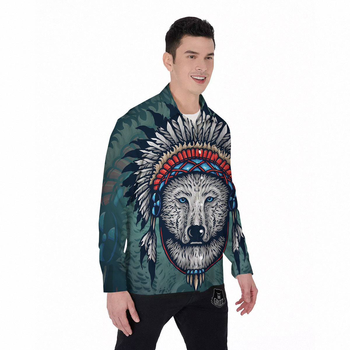 Spirit Animal Native American Wolf Print Men's Long Sleeve Shirts-grizzshop
