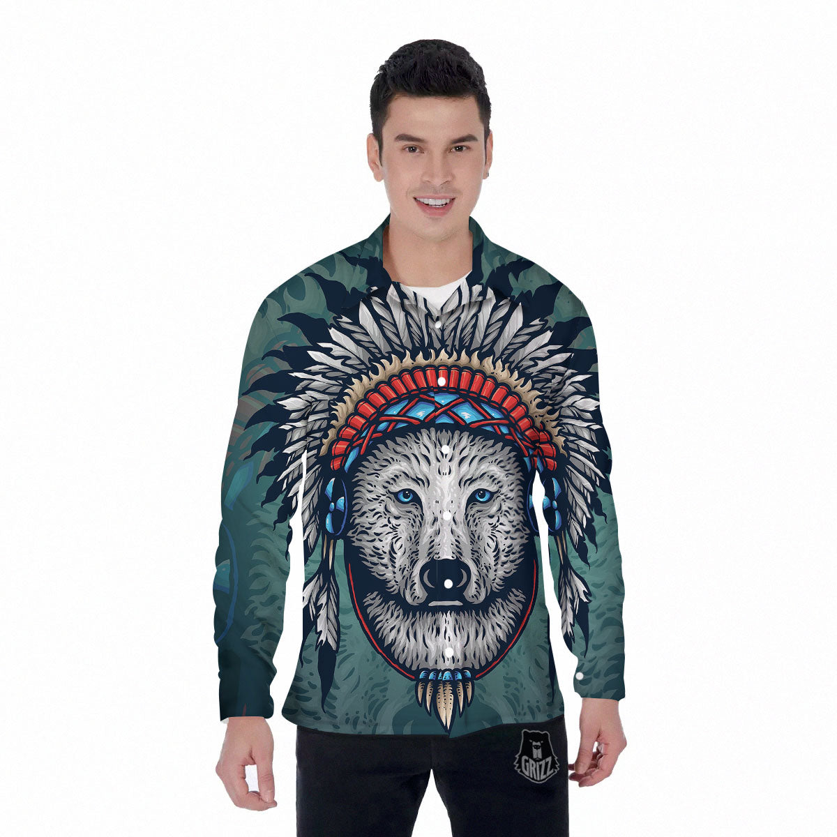 Spirit Animal Native American Wolf Print Men's Long Sleeve Shirts-grizzshop