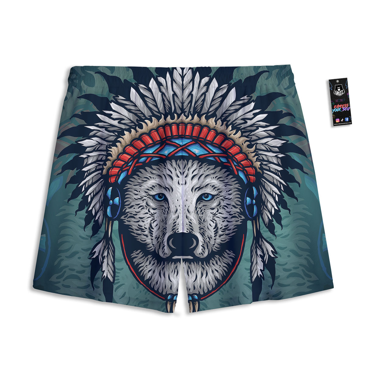 Spirit Animal Native American Wolf Print Mesh Shorts