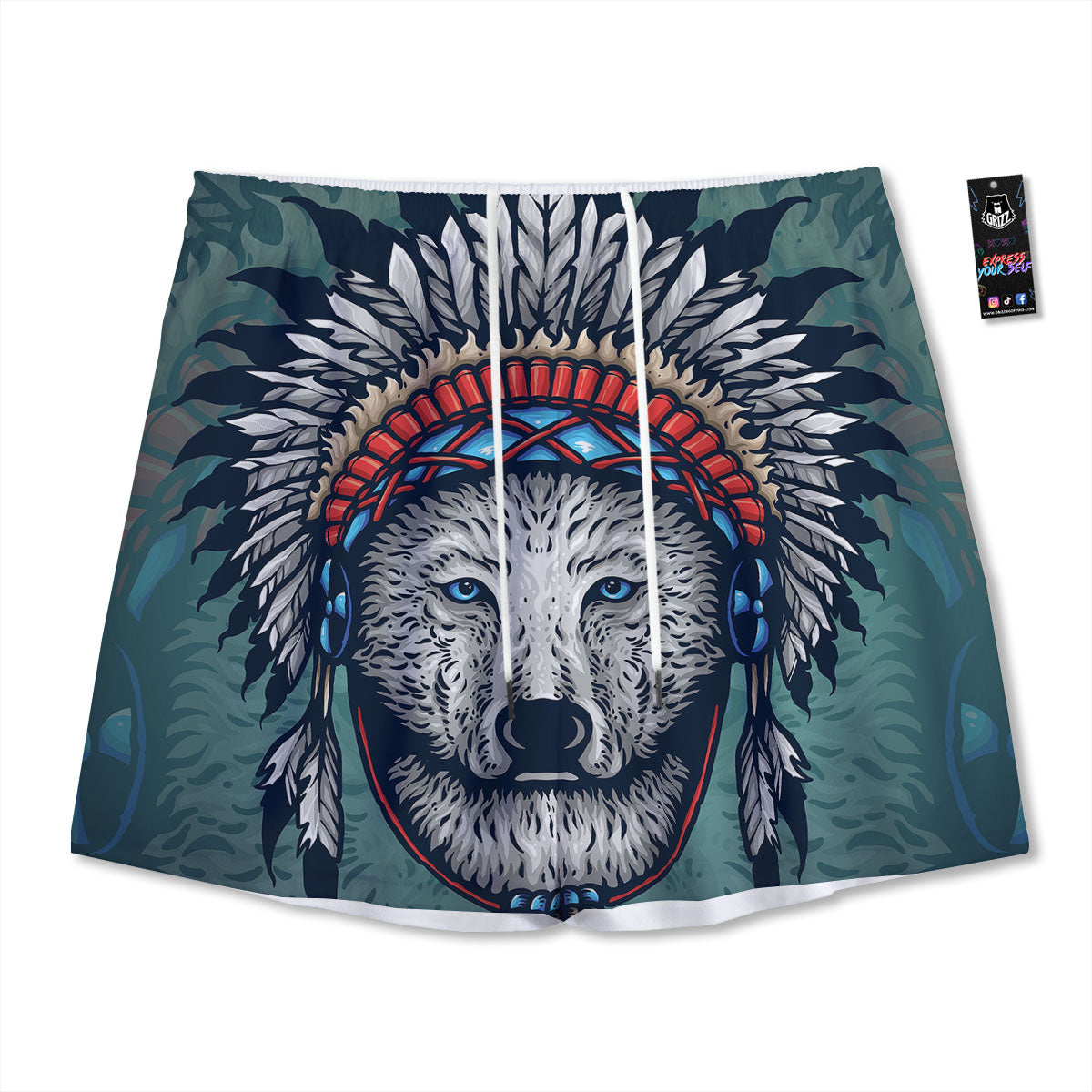 Spirit Animal Native American Wolf Print Mesh Shorts