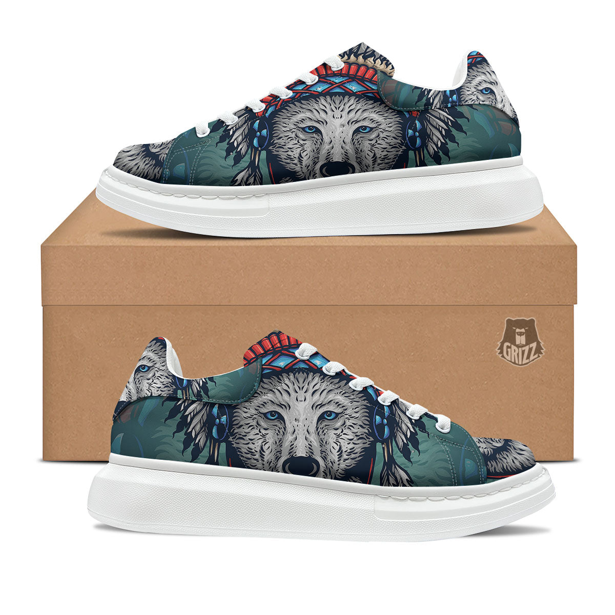 Spirit Animal Native American Wolf Print Platform Shoes-grizzshop