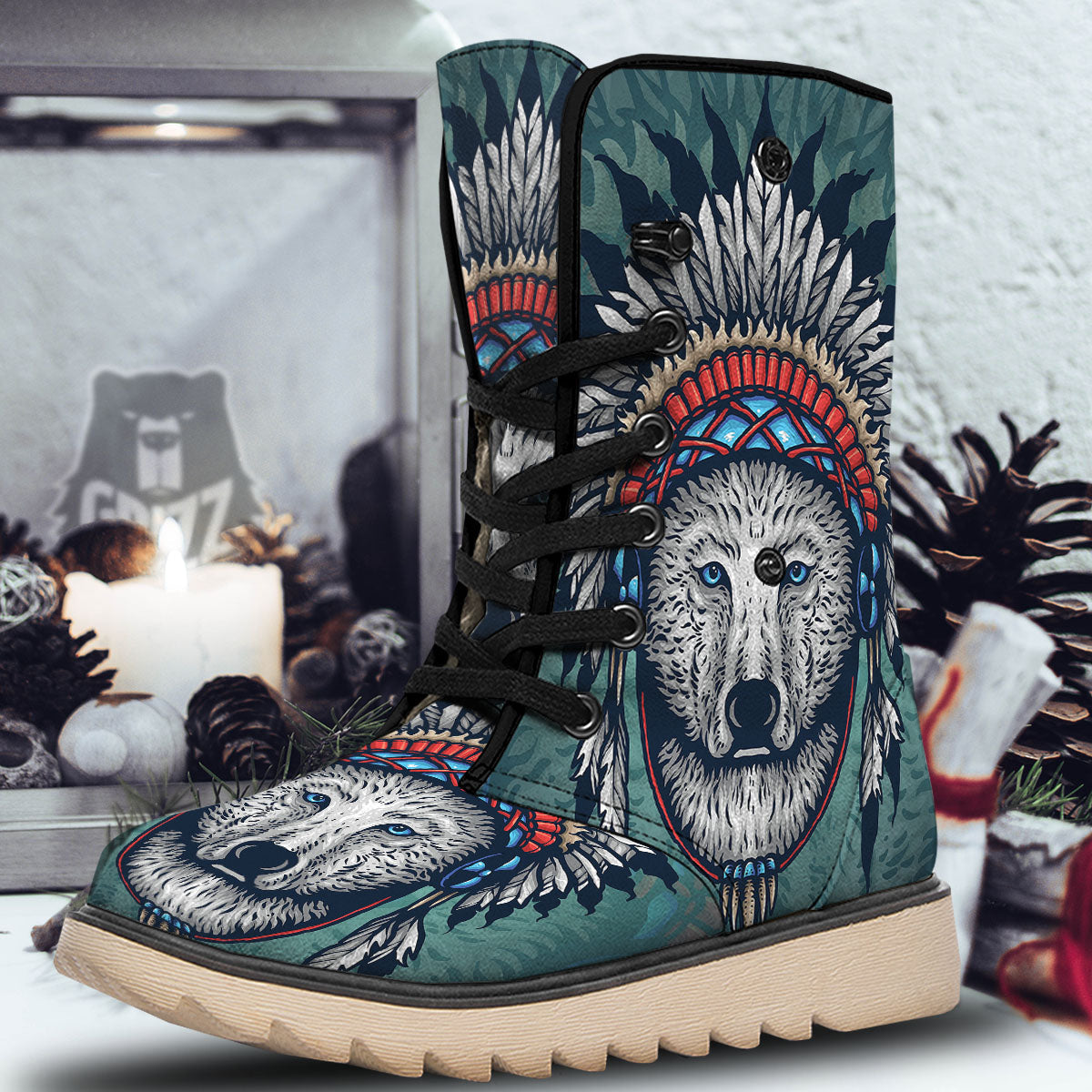 Spirit Animal Native American Wolf Print Snow Boots-grizzshop