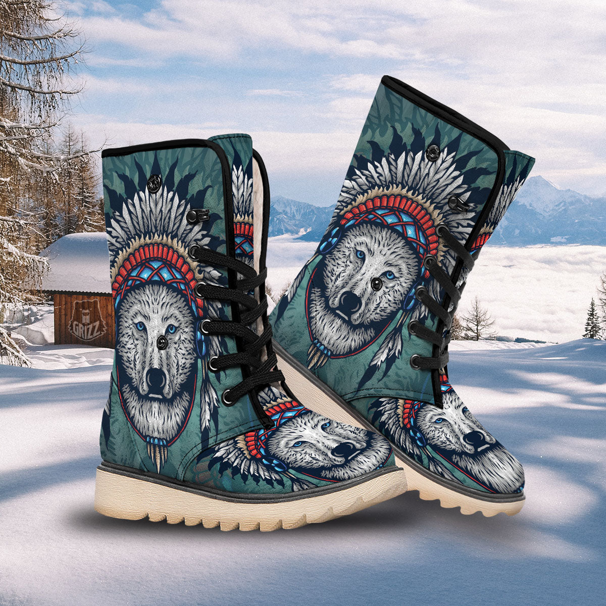 Spirit Animal Native American Wolf Print Snow Boots-grizzshop