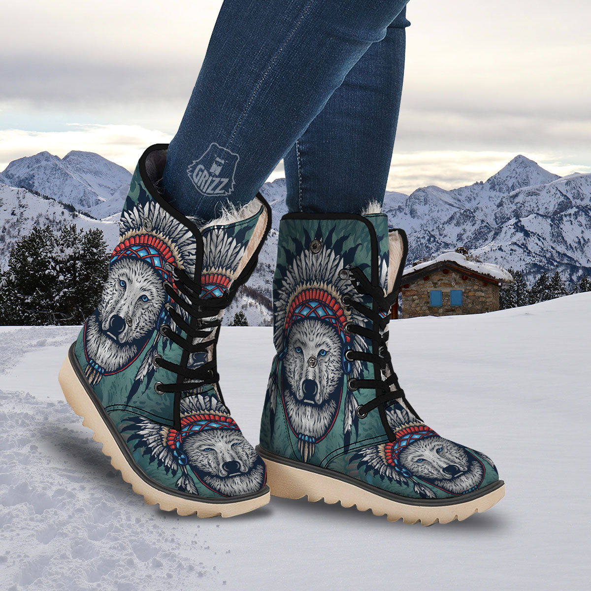 Spirit Animal Native American Wolf Print Snow Boots-grizzshop