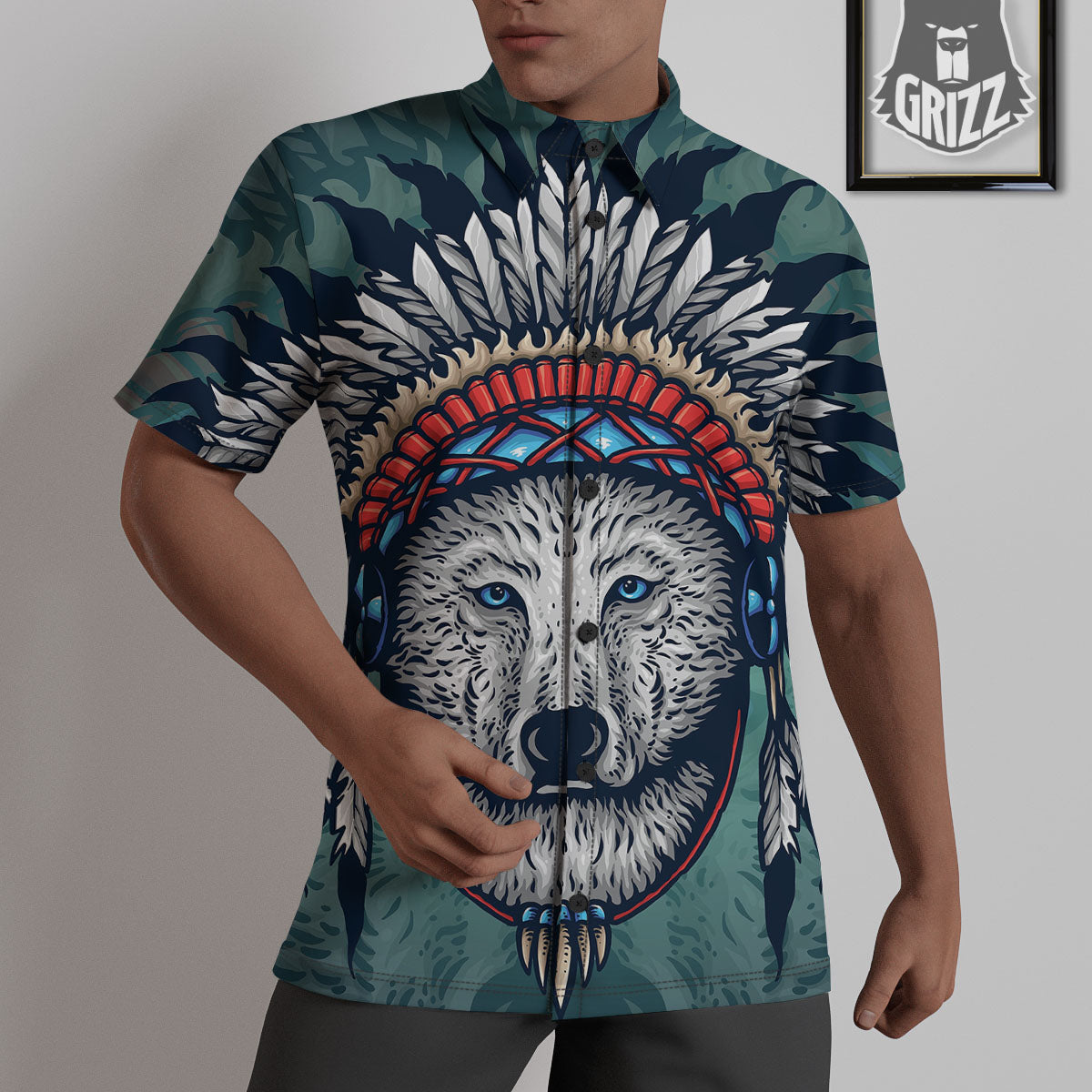 Spirit Animal Native American Wolf Print Untucked Shirts-grizzshop