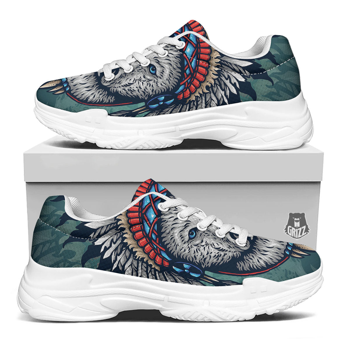 Spirit Animal Native American Wolf Print White Chunky Shoes-grizzshop