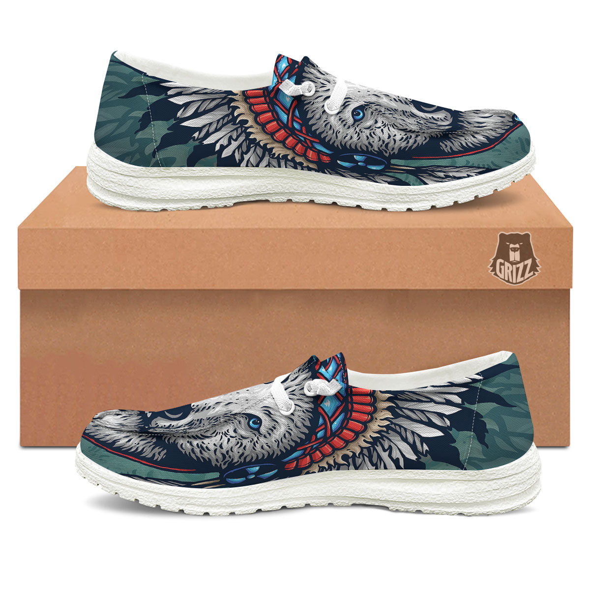 Spirit Animal Native American Wolf Print White Loafers-grizzshop